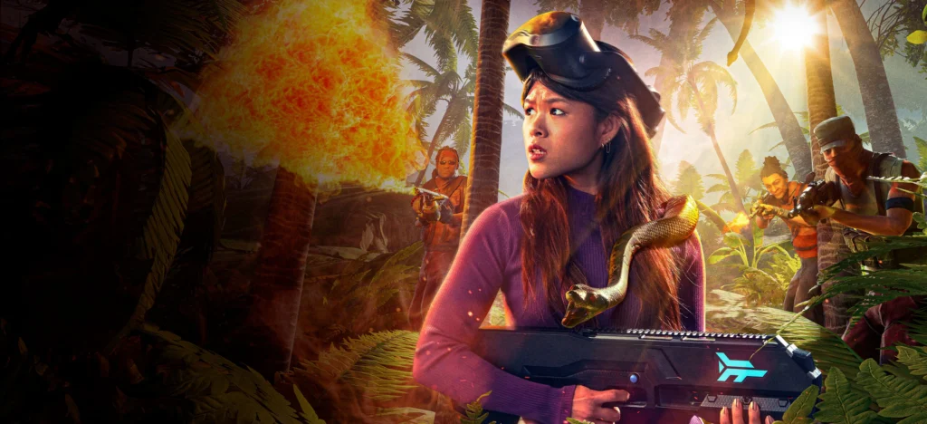 Crash onto a dangerous tropical island and fight to survive against pirates in this action-packed VR adventure. Explore, strategize, and battle your way to escape.